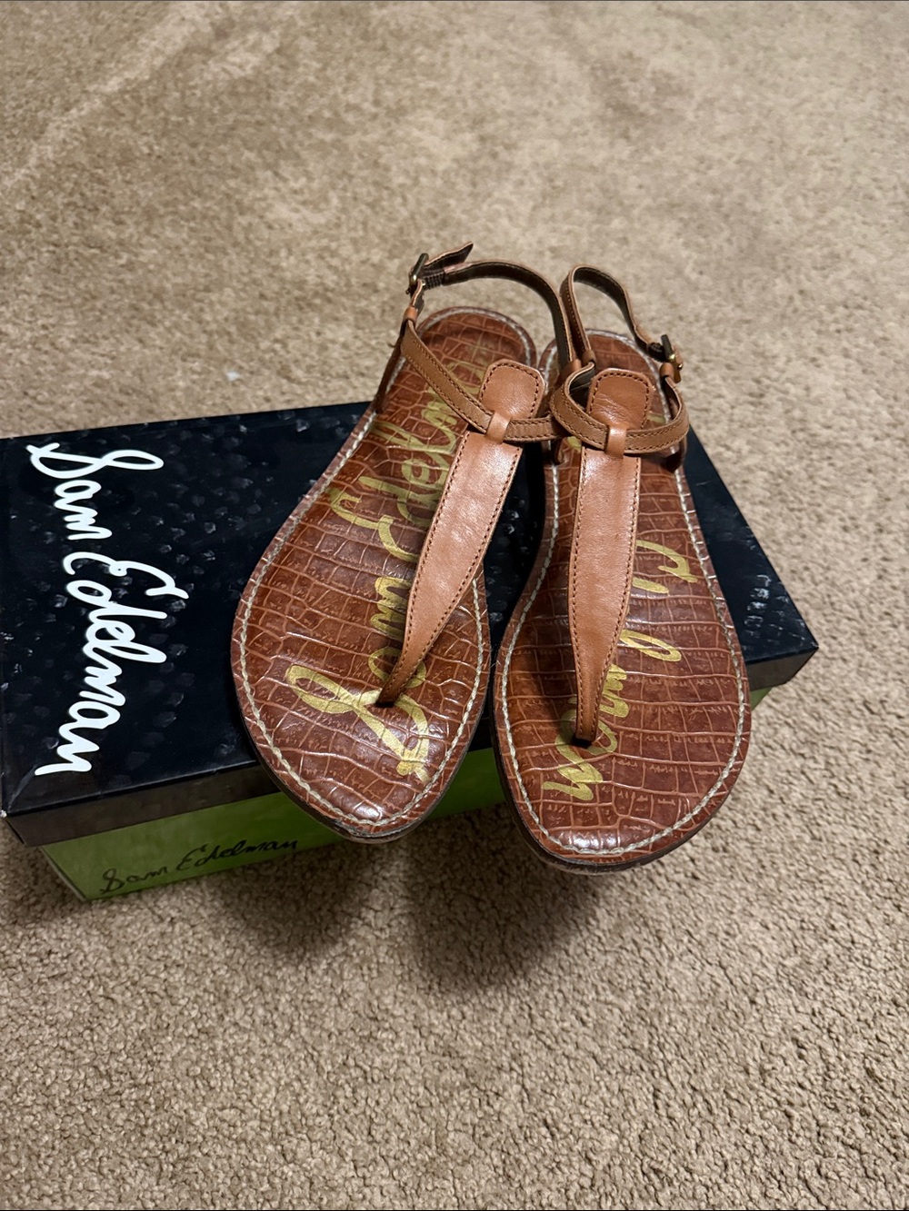 Sam Edelman Brown Croc-Embossed T-Strap Sandals